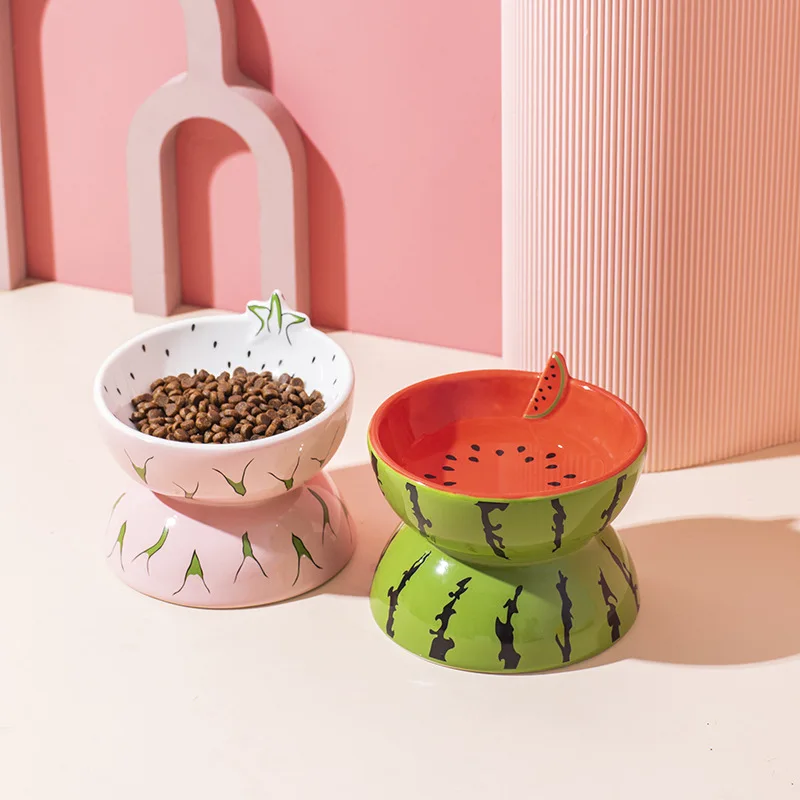 

1pcs Fashion Ceramic Cat Dog Bowls Fruit Cartoon Pattern Feeder Non-slip Protecting Cervical Spine Pets Drink Water and Eat Bowl