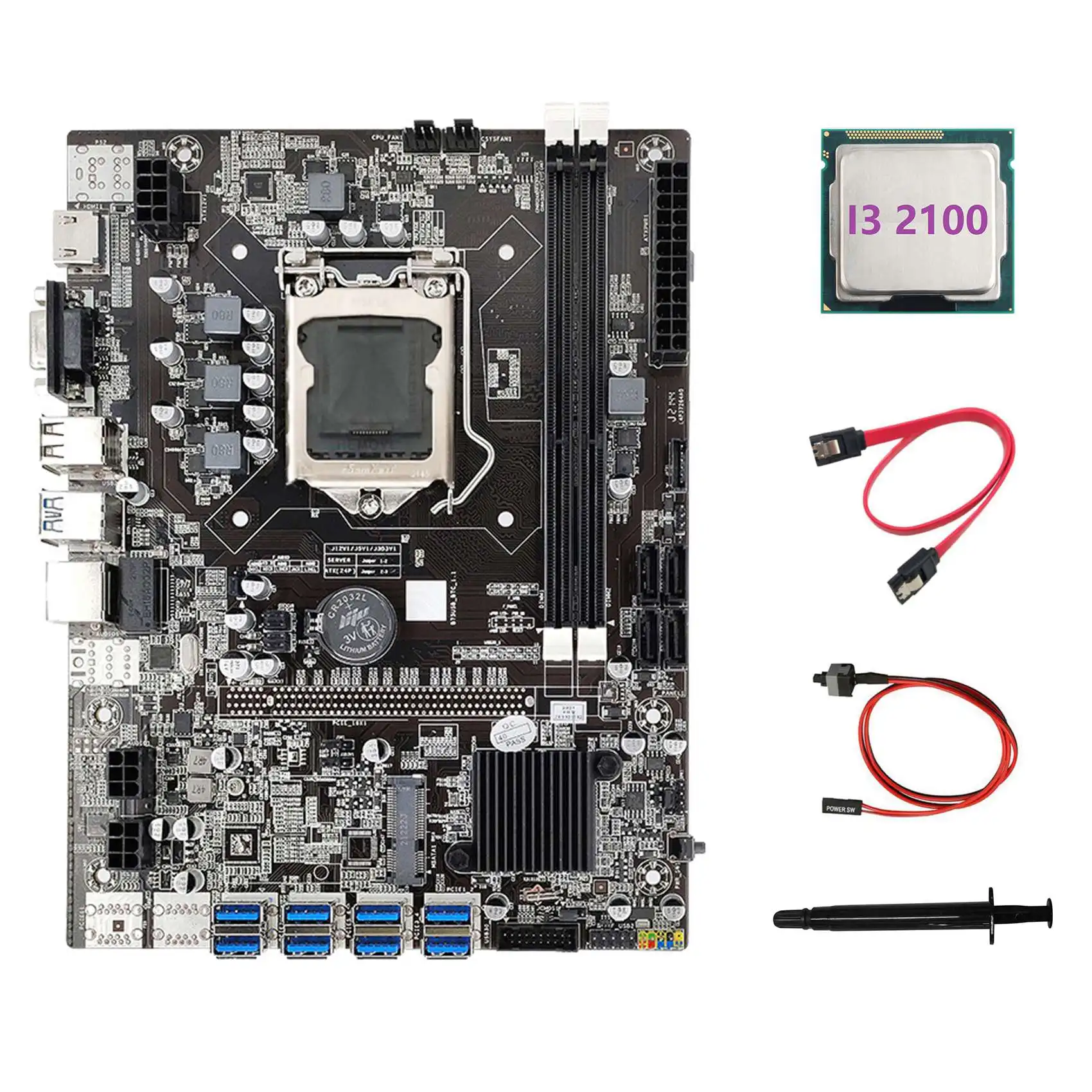 

B75 ETH Mining Motherboard 8XPCIE to USB+I3 2100 CPU+Thermal Grease+SATA Cable+Switch Cable LGA1155 Miner Motherboard