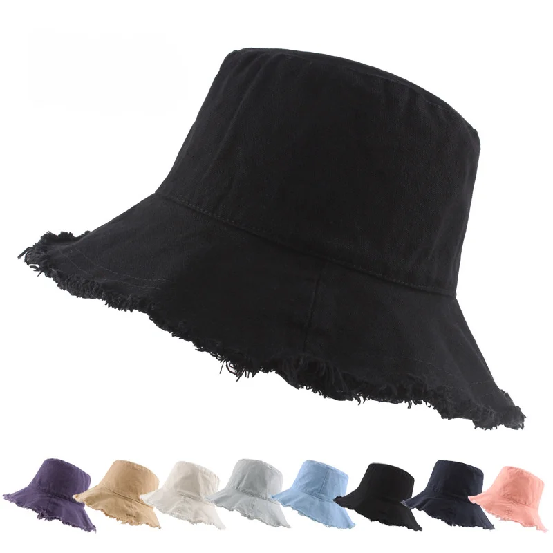 

New Tassel Washed Denim Bucket Hats Women Cotton Plain Wide Brim Foldable Fisherman Hat Outdoor Beach Panama Cap