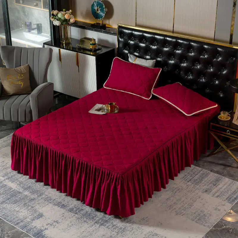 Однотонное зимнее стеганое покрывало натяжная простыня матрасы чехол с юбкой