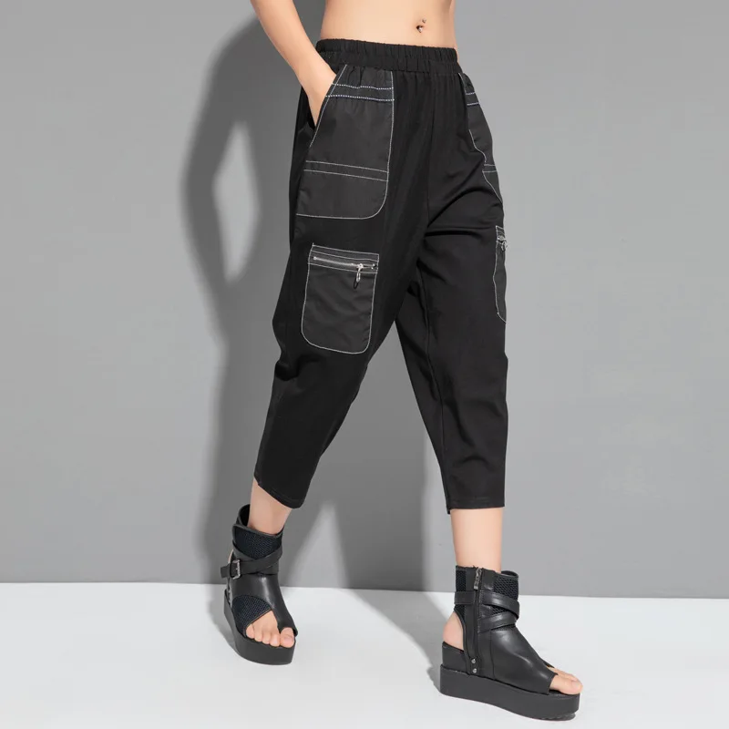 

SuperAen 2022 Summer New Zipper Casual Loose Women's Elastic Waist Casual Calf-Length Harem Pants