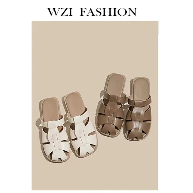 

Flat Shoes Female Woman's Slippers Loafers Slides Low Mules Sexy Cover Toe 2022 Summer Soft Rubber PU Basic Fretwork Female Shoe