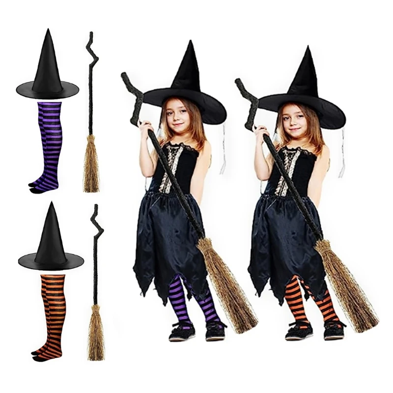 

3Pcs Halloween Witch Costume Wizard Hat Striped Over the Knee Socks Halloween Witch Broom for Christmas Cosplay Party
