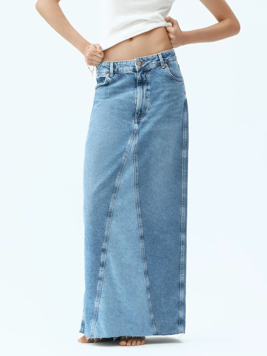 

Summer Vintage Blue Denim Patchwork Maxi Skirt Women High Waist A-line Long Faldas 2023 Summer Streetwear Fashion Chic Skirts