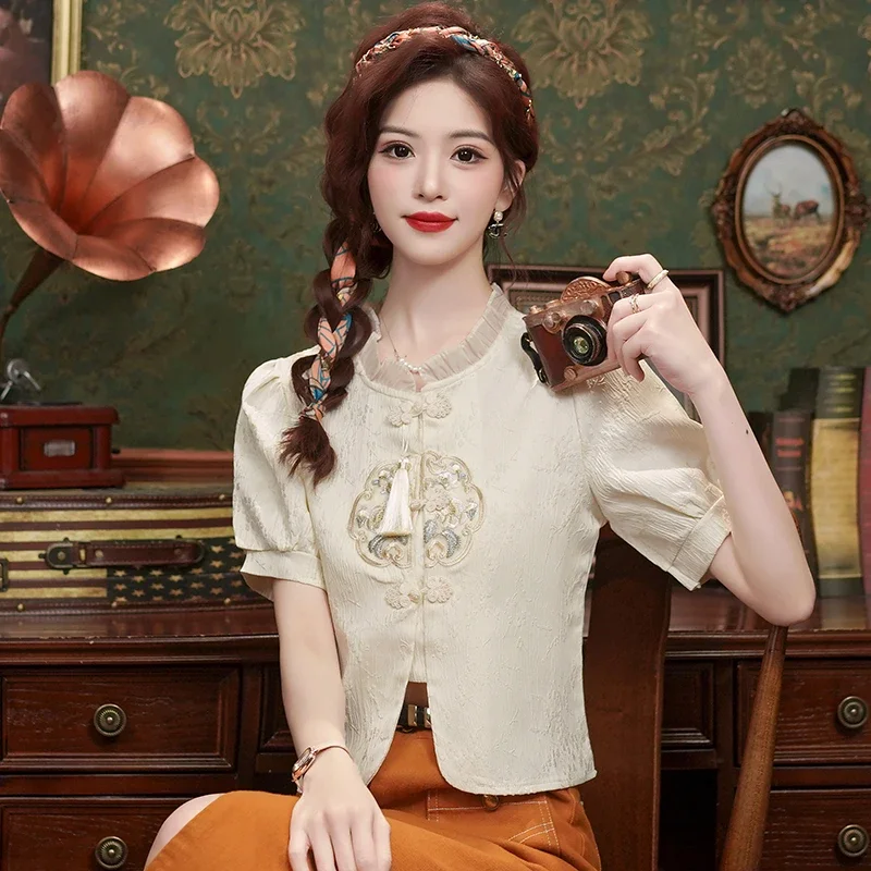 Женская шифоновая блузка с коротким рукавом и оборками вышивкой кисточками