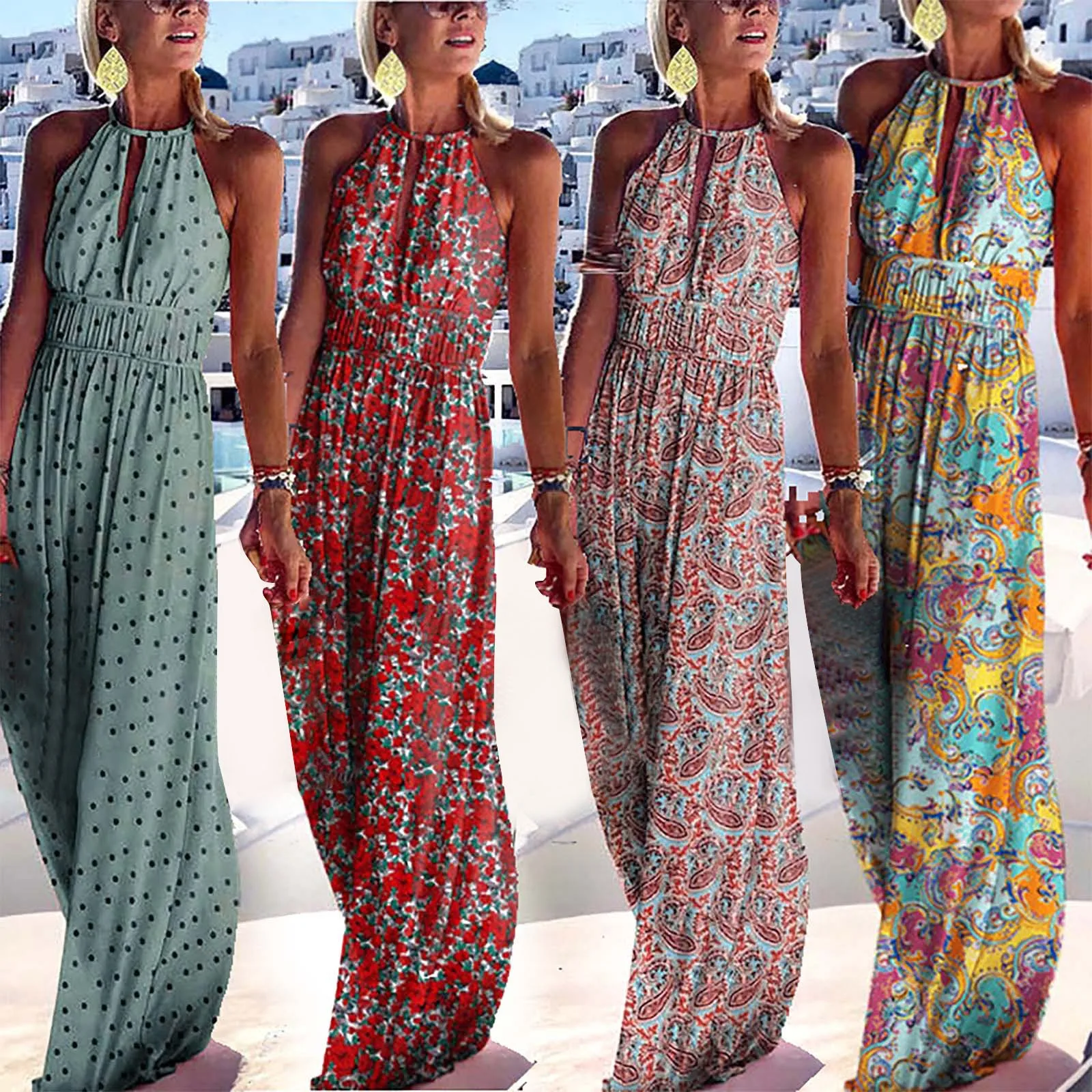 

Boho Sleeveless Floral Print Dress Women Sexy Backless Halter Dresses Fashion Elegant Female Beach Holday Long Party Vestidos