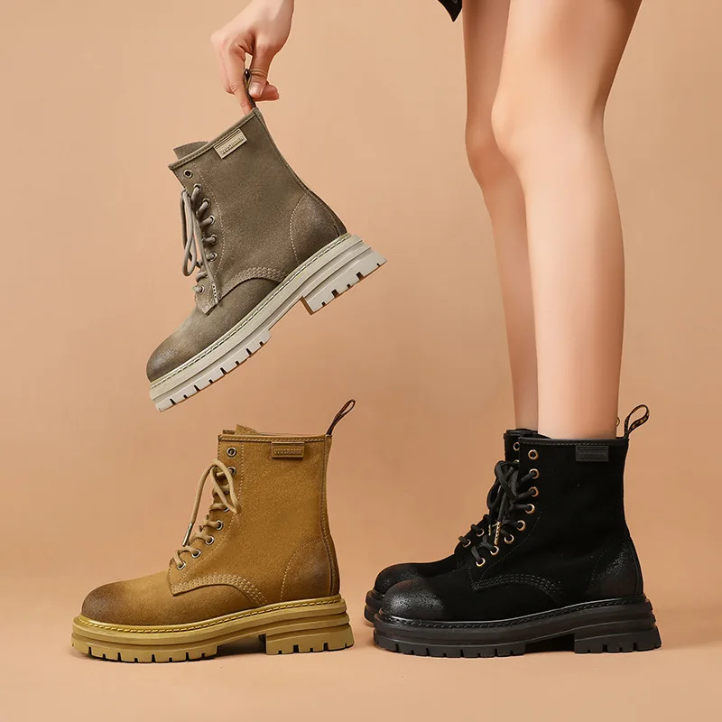 

Специальные ботинки для рукоделия, осенние и зимние мотоциклетные ботинки, британские ботинки из натуральной кожи на толстой подошве, женские бархатные ботинки со средним рукавом