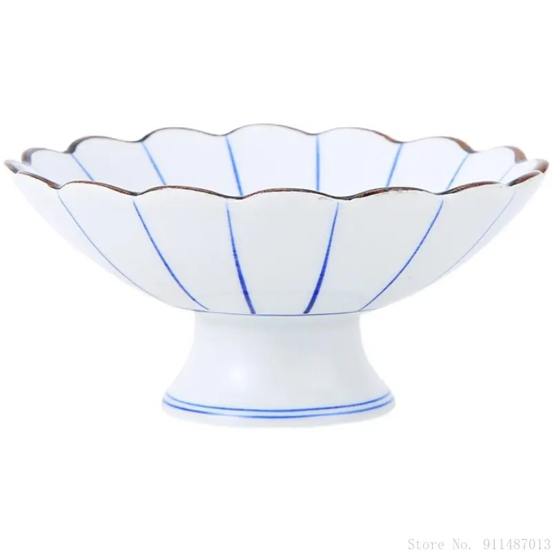 Японская подглазурная цветная керамическая тарелка на высокой ножке десертная