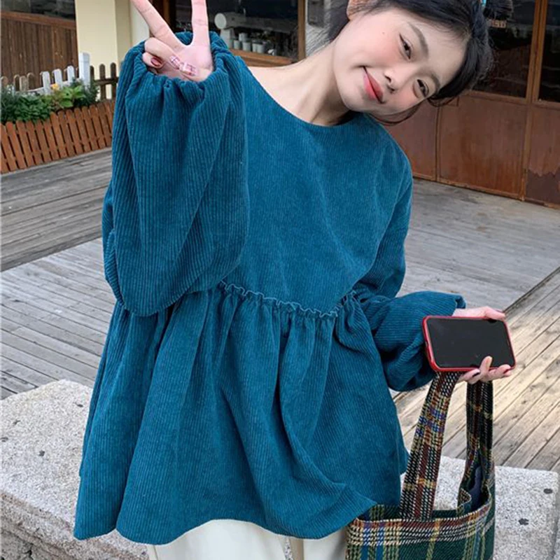 Женская Вельветовая футболка с длинным рукавом-фонариком