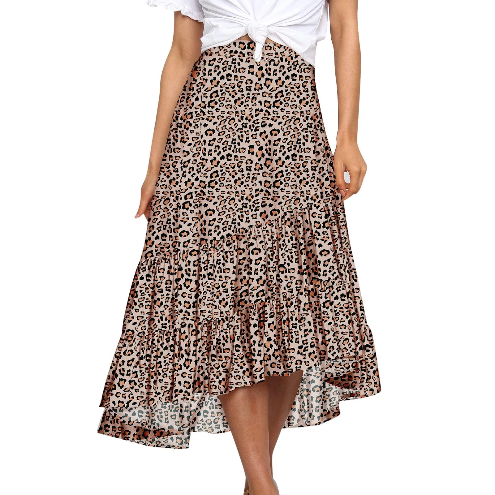

Women High Print Casual Skirt Mid-length Waist Fashion Ruffle Print Leopard Chiffon Skirt skirt gothic clothes
