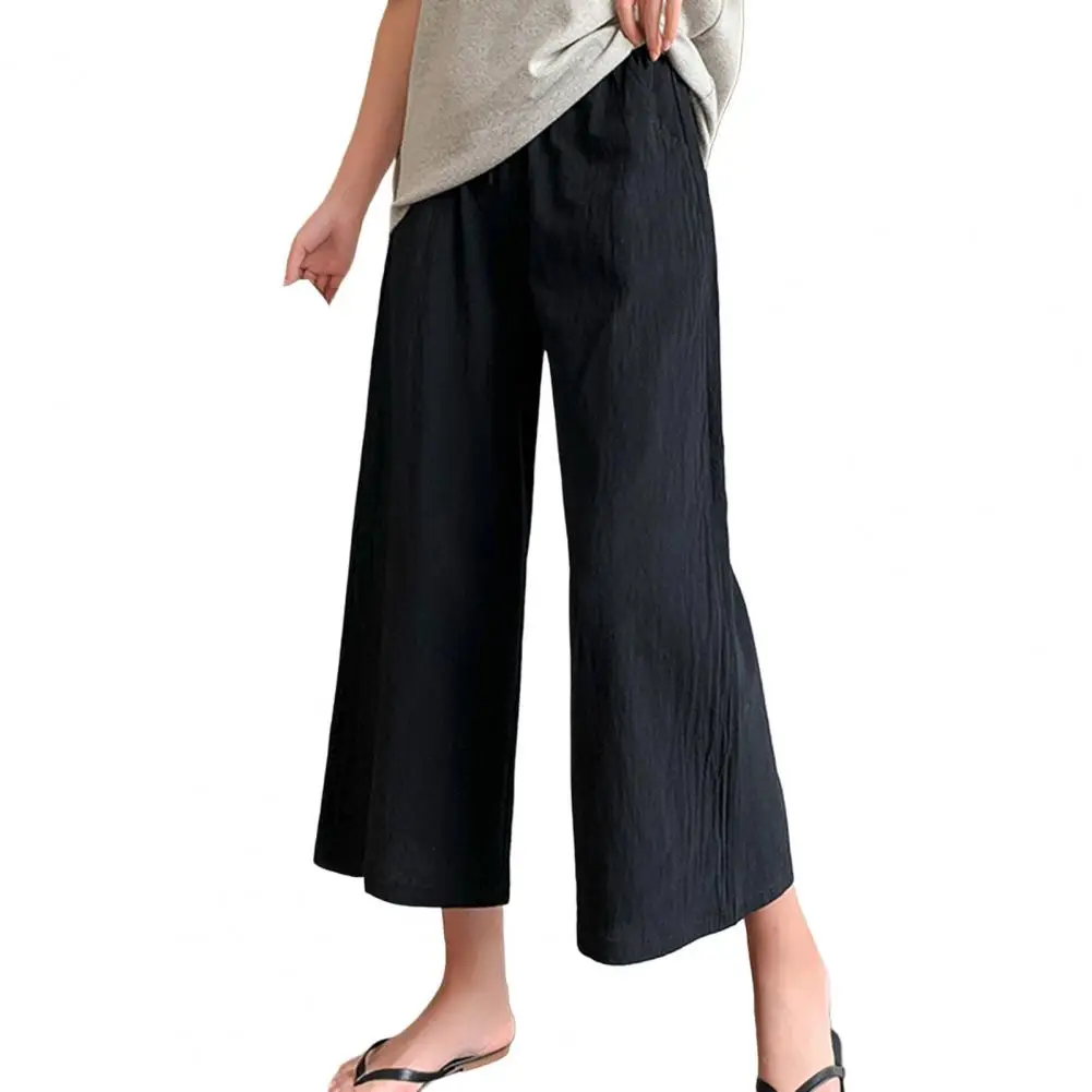 Pants Women Mid-rise Elastic Waistband Drawstring Straight Wide Leg Pockets Women Pants Vintage Polyester Solid Color Pants