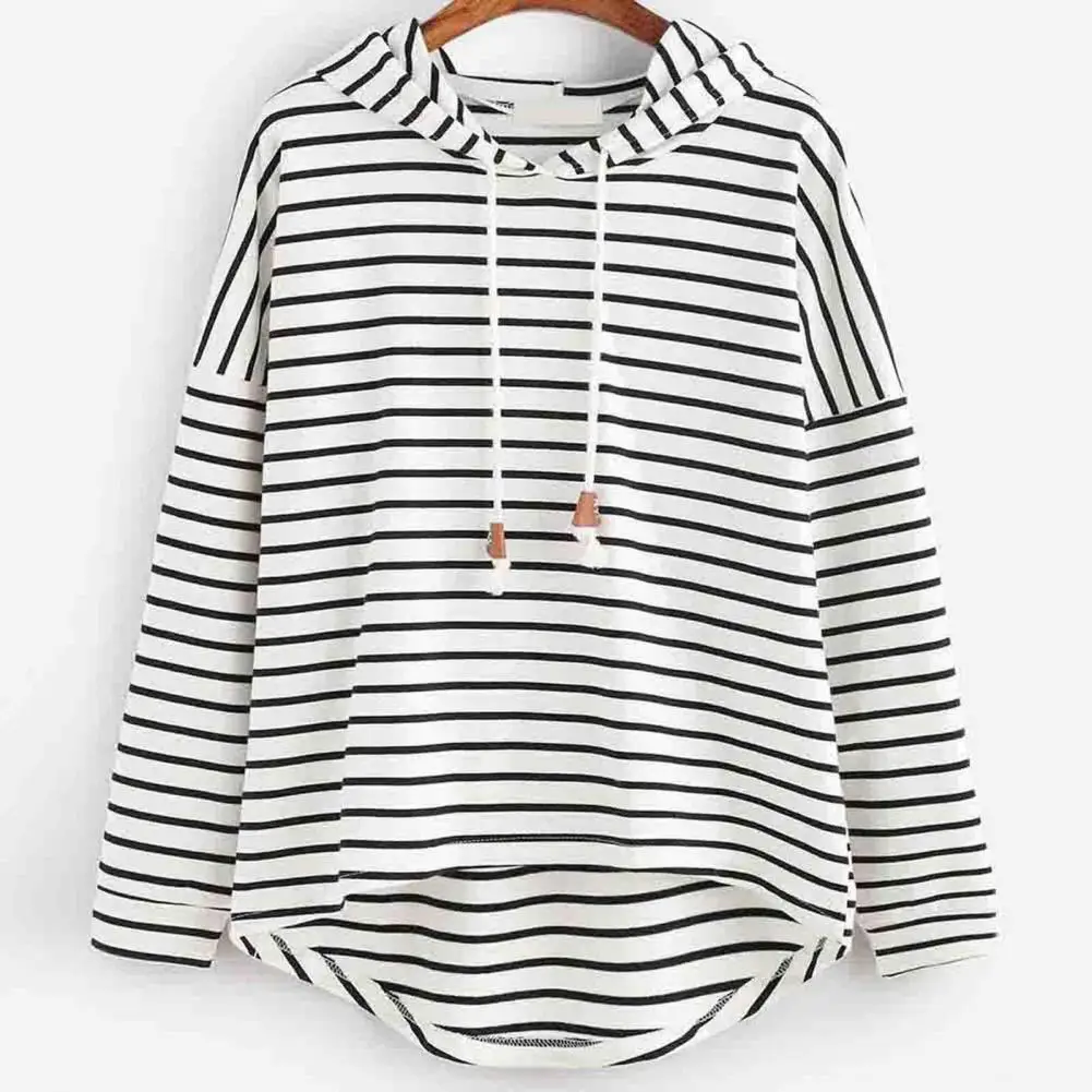 

Women Fall Hoodie Stylish Women's Striped Hoodie Irregular Hem Drawstring Casual Loose Fit for Autumn Spring Drawstring Women
