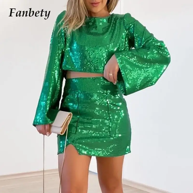 

Пикантный вечерний Женский комплект с блестками, Модный Топ с длинным рукавом и мини-юбка, комплект из двух предметов, весенне-летняя юбка с ...