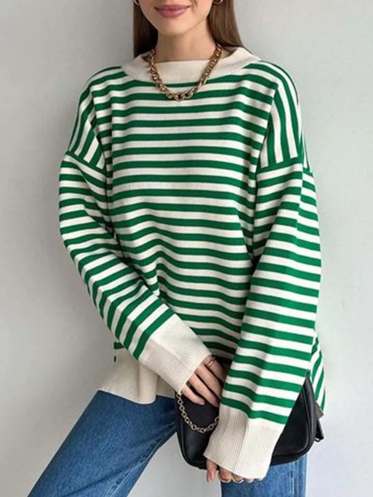 

O Neck Vintage Striped Sweater Pullovers For Women Casual Loose Long Sleeves Jumpers Autumn Female Drop Shoulder Kintting Tops