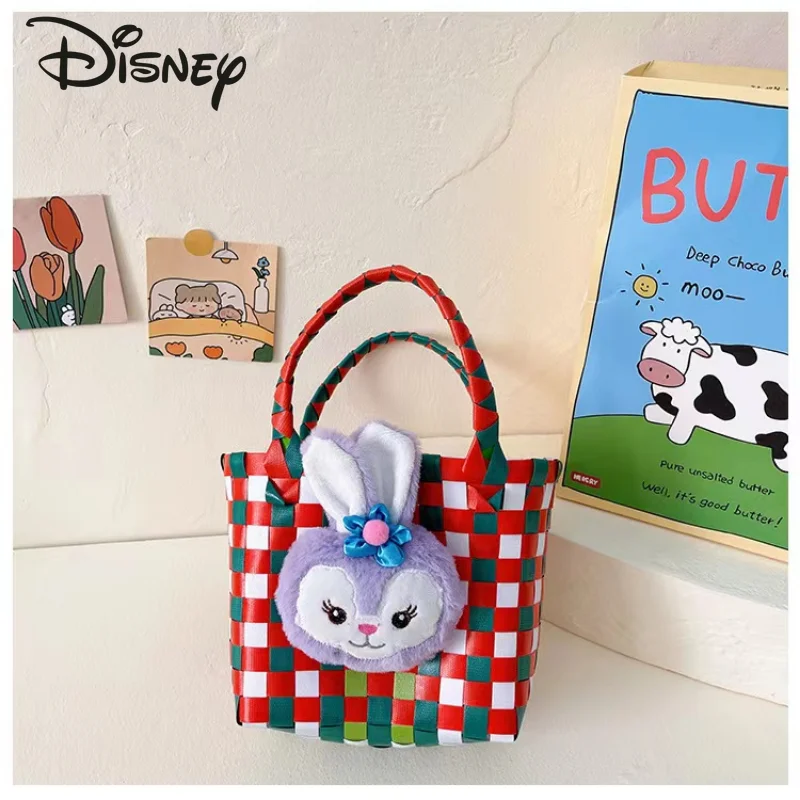 Disney 2023 Strawberry Bear New Woven Bag Fashion High Quality Children's Handbag Cartoon Casual Large Capacity Women's Handbag
