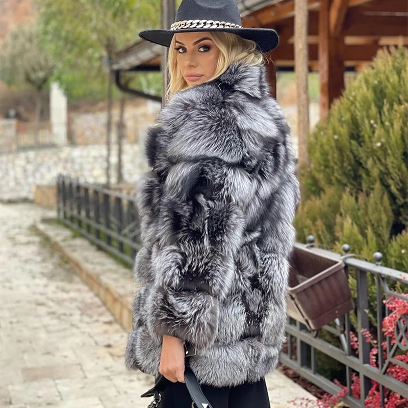 Hairy Silver Fox Fur Coats Women Streetwear Winter New Luxury Warm Outertwear Lady Tide Real Silver Fox Fur Jackets Female