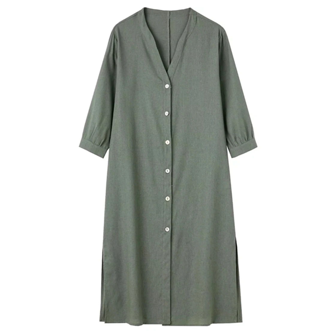 

Elmsk 2022 Indie Folk Single Breasted Loose Casual Dress Women V-neck Loose Army Green Linen Long Shirt