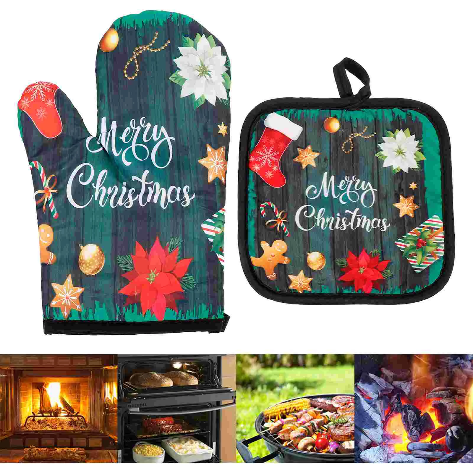 

Oven Glove Christmas Kitchen Hot Cooking Mitts Set Mitten Dish Anti Pad Mini Towel Pot Gadget Gloves Micro Resisting Heat Mitt