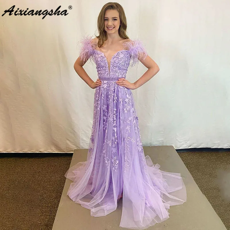 

Женское кружевное платье Aixiangsha, элегантное фиолетовое длинное платье-трапеция с V-образным вырезом, открытыми плечами и поясом, на заказ