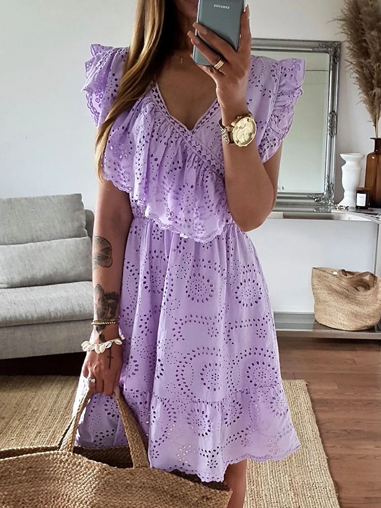 

Fashion V Neck Ruffles Pleated Dress Women Flying Sleeve Chic White Summer Dress Party Hollow Out Vintage Ladies Dresses Mujer
