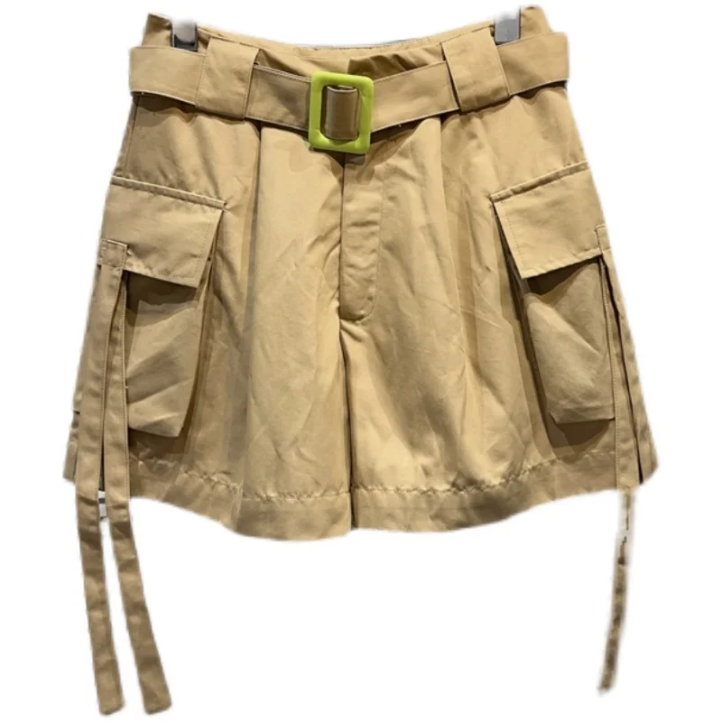 Retro Side Large Pocket Decoration Loose Cargo Shorts Female 2023 Spring Summer New Casual Shorts Women High Waisted Shorts