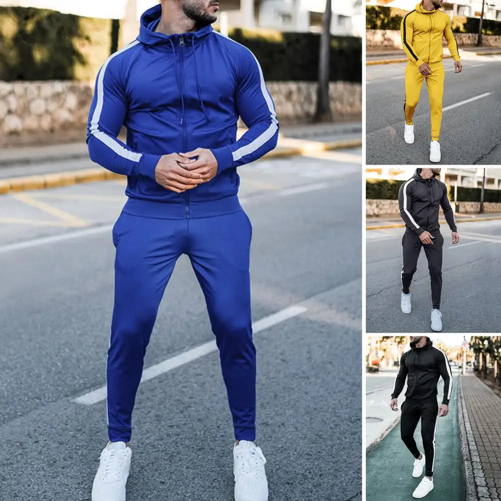 

2Pcs/Set Popular Drawstring Windproof Shrinkable Cuffs Autumn Striped Splicing Hooded Sweatshirt Jacket Jogging Pants Set