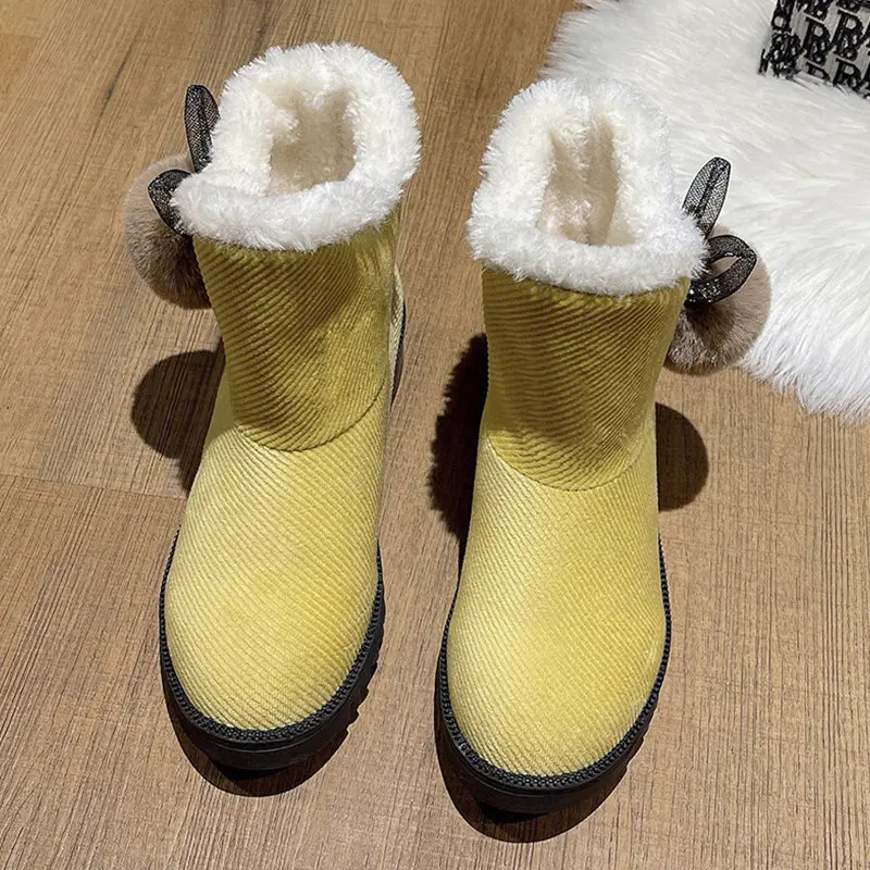 

Sweet Bow Luxury Fur Snow Warm Boots Ankle Flats Casual Dress Women Shoes Winter New Girl Student Walking Plush Cotton Botas