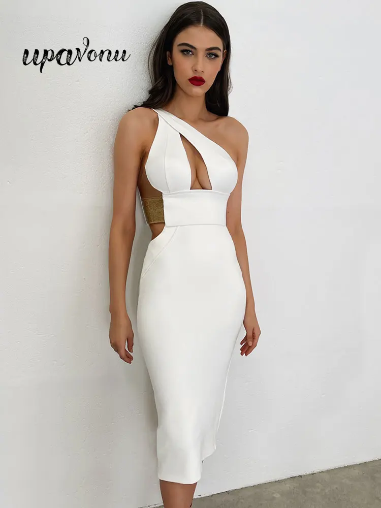 

Sexy Women's Bandage Dresses 2022 New Diagonal Neck Sleeveless Hollow out Bodycon Backless Dress Evening Party Midi Vestidos