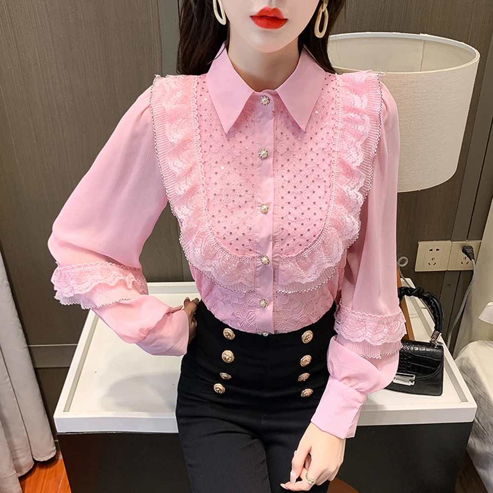 

Stand Collar Ruffled Blouse with Lace Long Sleeve Slim Vintage Shirt Chiffon Top Autumn Elegant Bottoming Shirts for Women