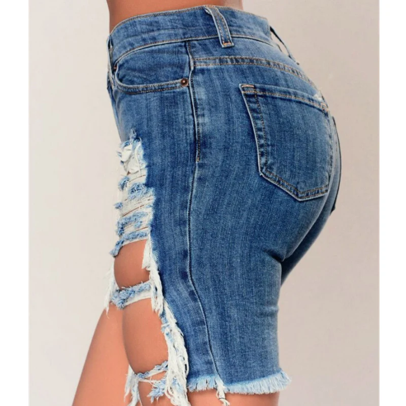 Women Denim Ripped Shorts High Waist Draped Destroyed Stretch Bodycon Pencil Slim Shorts Club Street Summer Sexy Holes Shorts