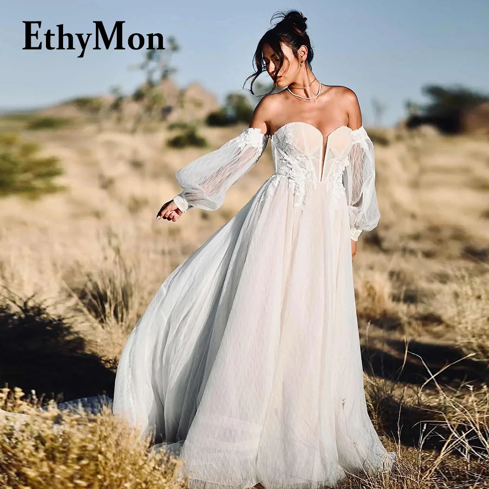 

Ethymon Pastrol Strapless Side Slit Button Wedding Dresses For Women Tulle Appliques Custom Made Robe De Soirée De Mariage Pleat