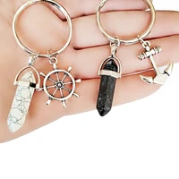 2pcs hexagonal column natural stone keychain women vintage rudder anchor charms key chain on bag car trinket couple friends gift