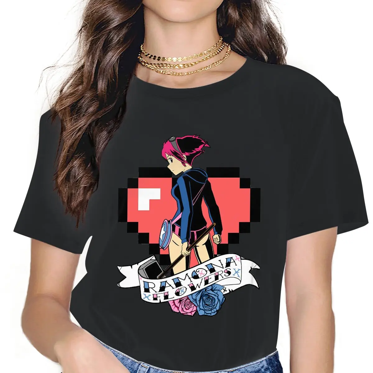 

Женские футболки с принтом Ramona Girl, одежда Скотт Пилигрим против всего мира с надписью Love Story, потрясающие футболки с коротким рукавом и круглым вырезом