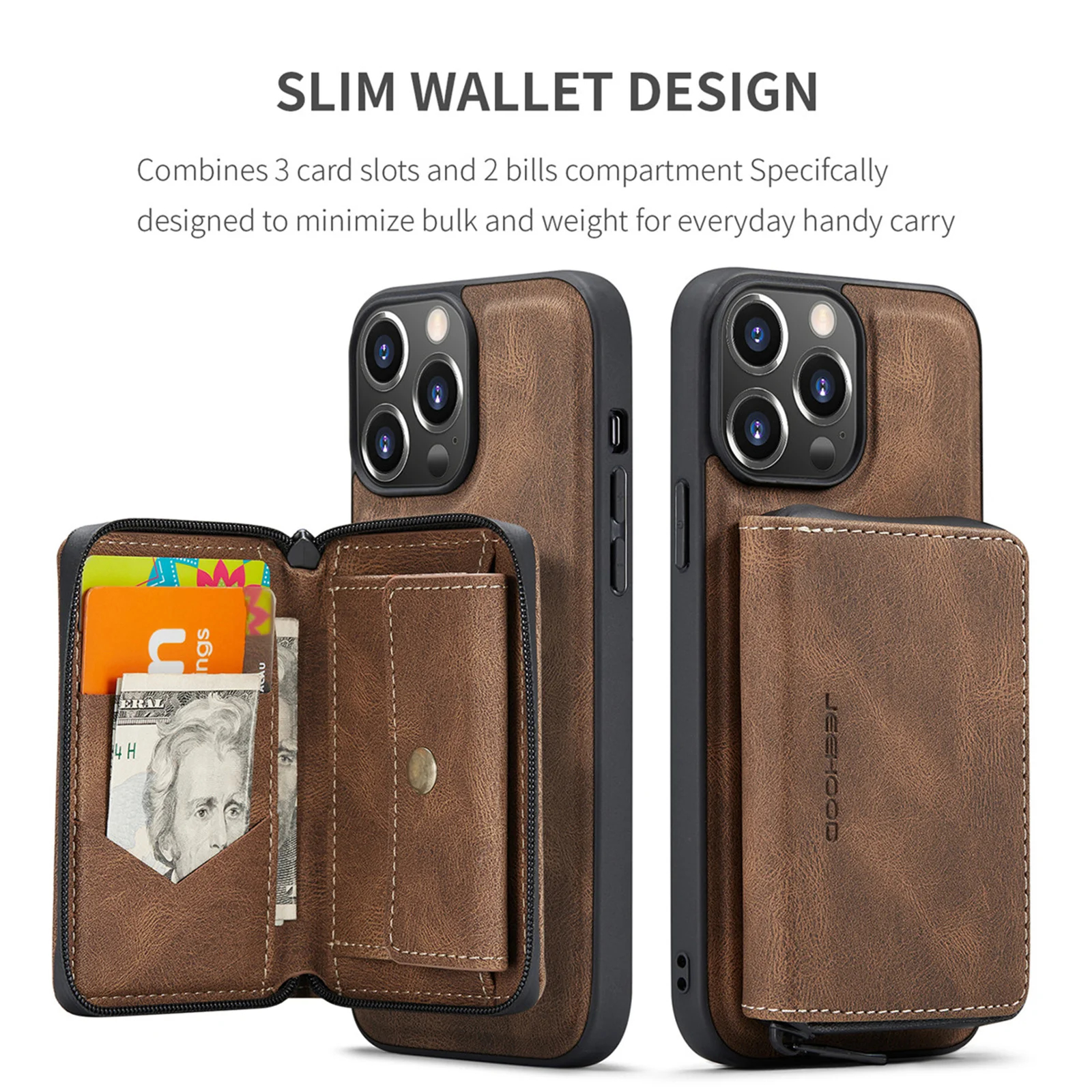 2 in 1 Detachable Leather Cover For iPhone 14 13 12 11 Pro Max Mini Case Purse Zipper Wallet with Card Holder Women Men images - 6