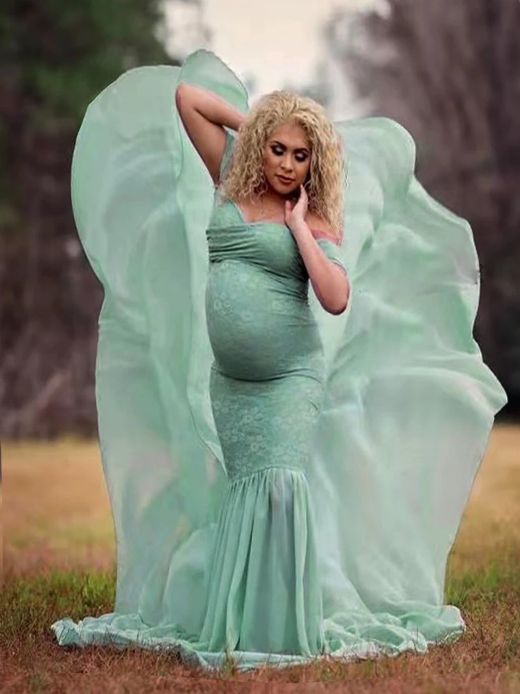 Lace Pregnancy Photoshoot Dress Chiffon Maternity Gowns with Large Train Mommy Shoot Tulle Body-con Pregnant Dresses Mermaid