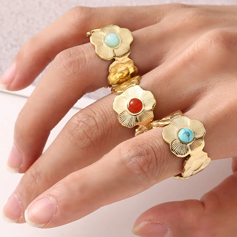 

Bohemia Flower Zircon Natural Stone Finger Rings for Women Vintage Stainless Steel Open Rings Jewelry Decoration Gifts Wholesale