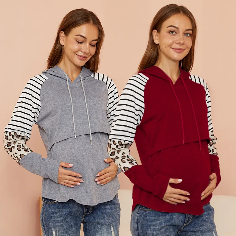 Women Maternity Nursing Hoodie Long Sleeve Striped Pregnant Women Tops Breastfeeding Sweatshirt Nurse Clothes For Spring Autumn