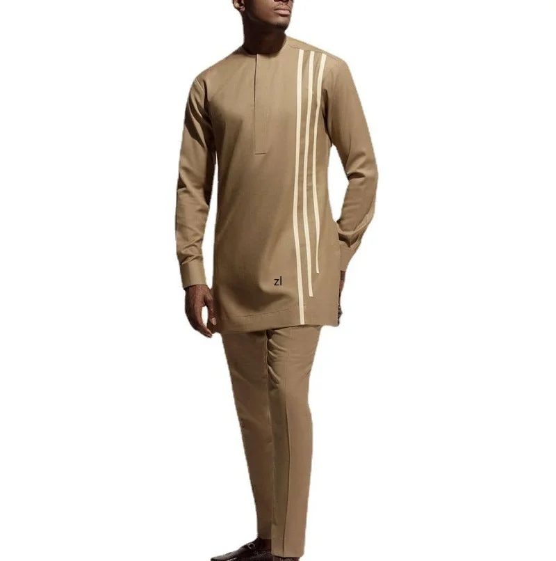 

2022 African Dashiki Clothes For Men Shirt Tops And Pants Set Stripe Tops Trouser Suit Men's Traditional African Clothing