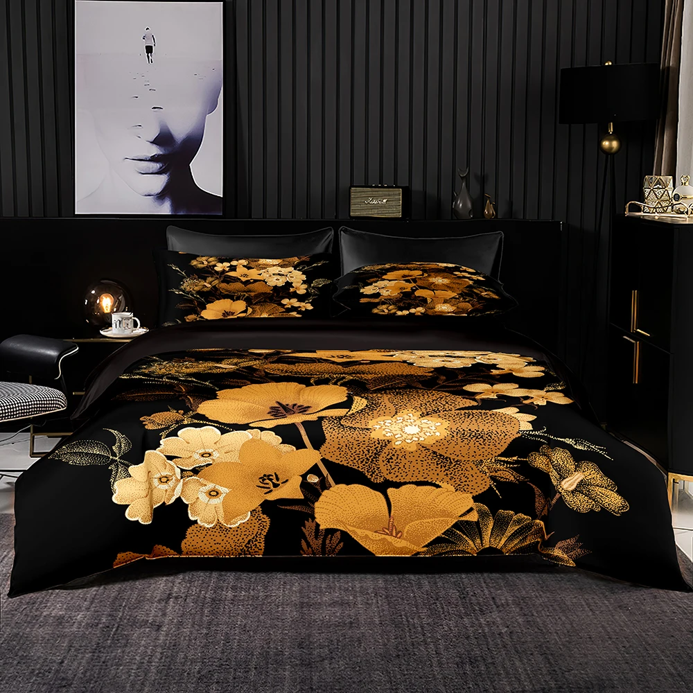 

Luxury Retro Bedding Set Ultra Soft Duvet Cover with Pillowcase Vintage Orange Petal Pattern for Queen King Size Home Textiles