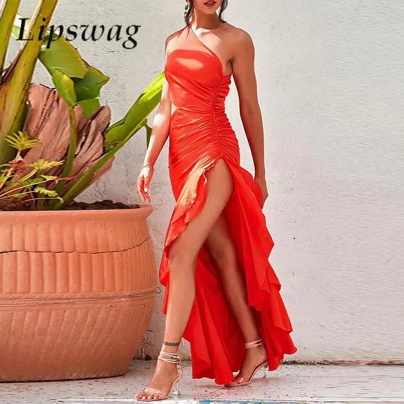 

Женское элегантное однотонное пляжное платье с разрезом, летнее модное ажурное платье на одно плечо, женское привлекательное длинное плать...