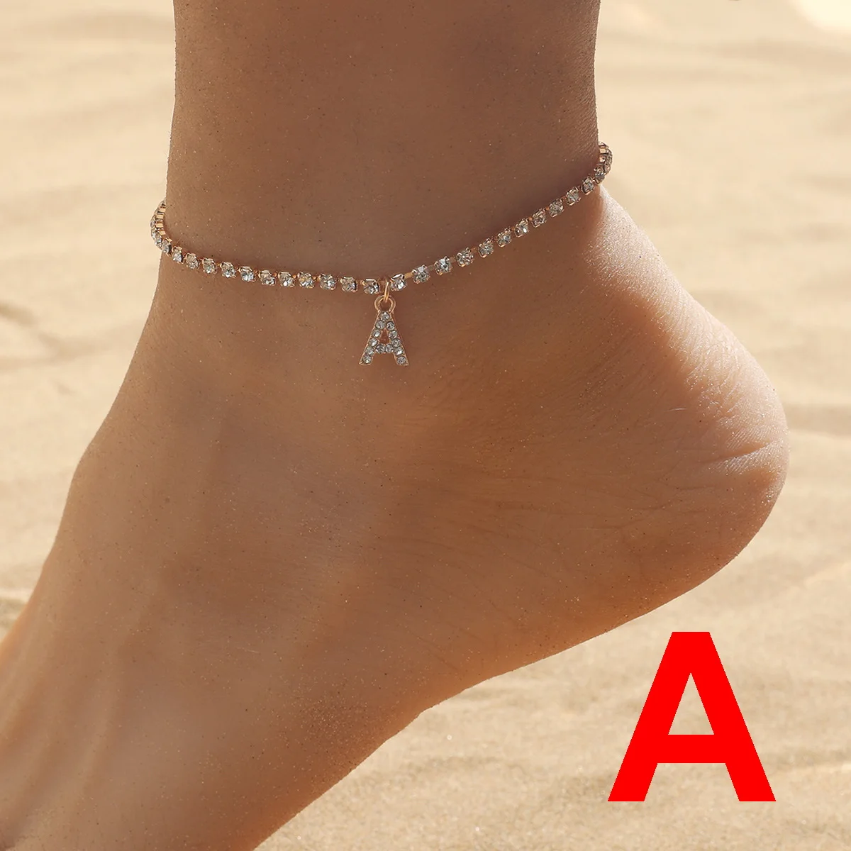 

Bohemia Gold Color Rhinestone Chain Ankle Bracelet Anklet for Women On Leg Foot Jewelry 26 Letters Initial Summer Beach Gifts
