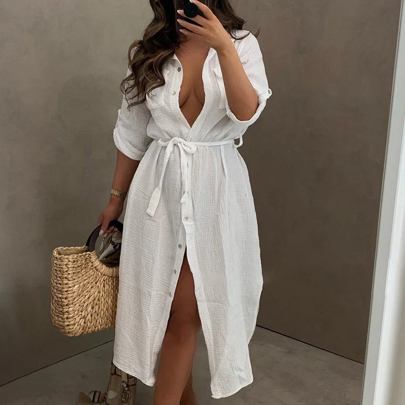 

Платье-рубашка Suumer женское средней длины, свободное однобортное модное с длинным рукавом, на завязках, модная Дамская одежда с принтом и над...