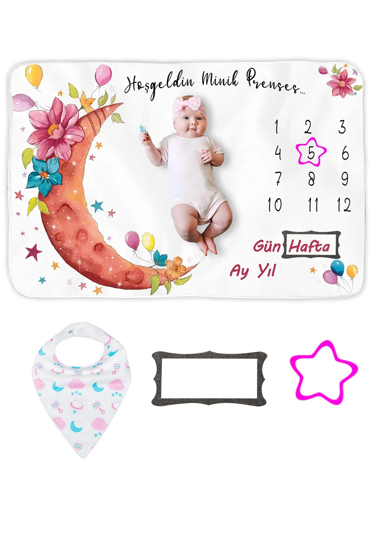 Girl Baby Gift Month Photo Moment Battaniyesi Bib and Frame New Born Birthday gift Pink Gift Mother &