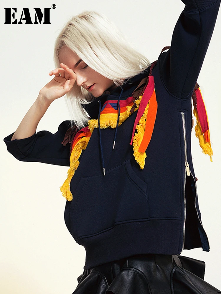 

[EAM] Loose Fit Embroidery Tassels Sweatshirt New Hooded Half Sleeve Women Big Size Fashion Tide Spring Autumn 2022 1DC982