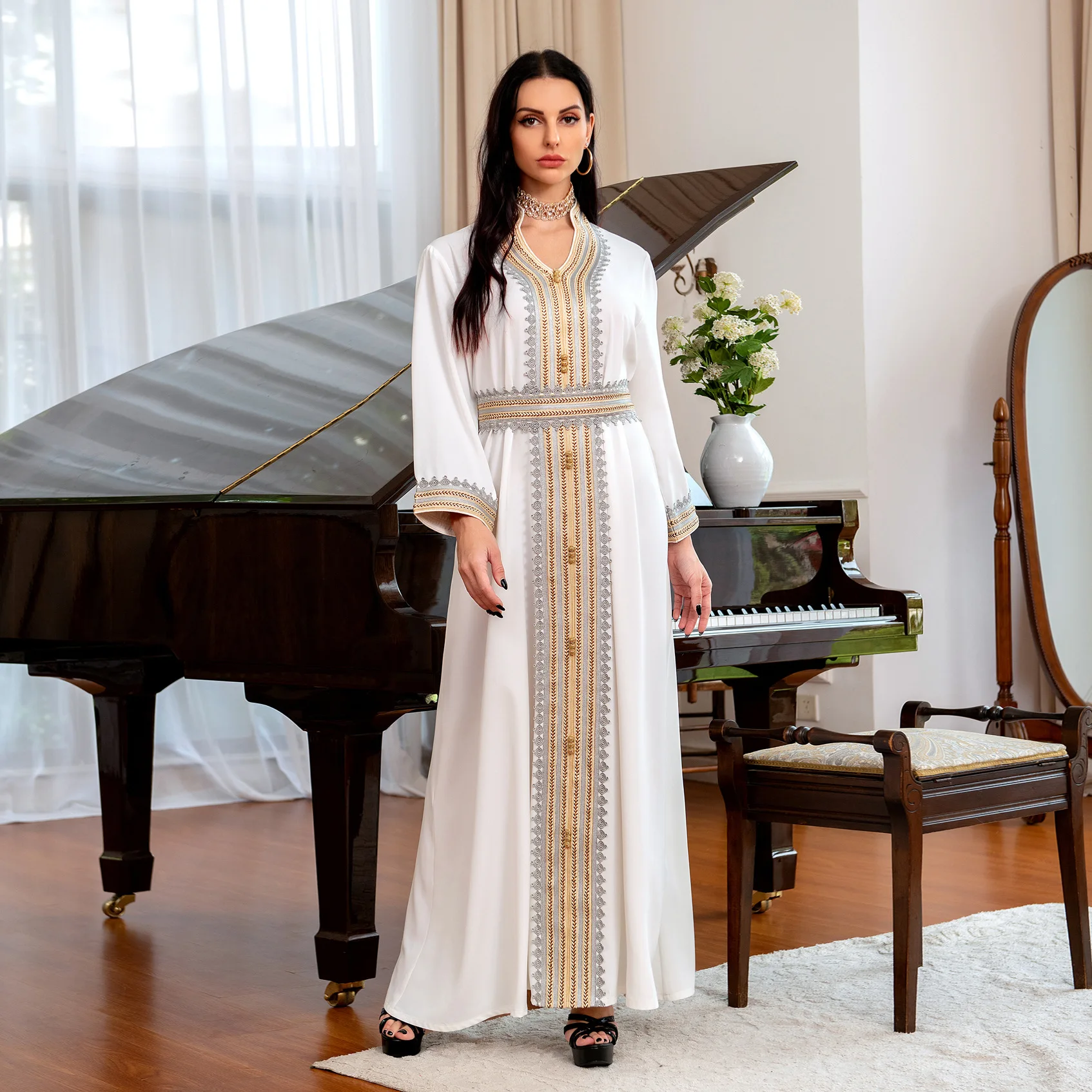 White Middle East Abaya Party Robe Muslim Evening Dress Embroidery Long Sleeves Buttons Dubai Arabic Dresses  abayas for women