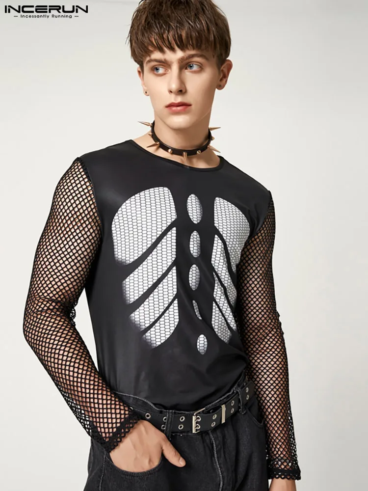 

INCERUN Tops 2022 American Style New Men's Funny Skeletal Printed T-shirts Fashion Sleeve Splice Mesh Long Sleeve Camiseta S-5XL