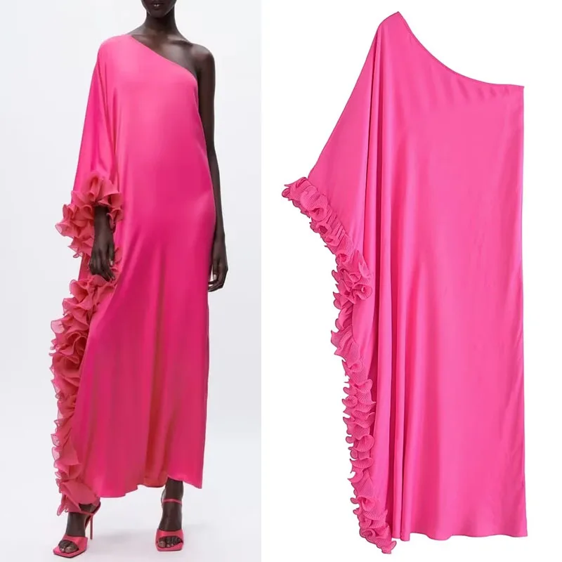 

TRAF Pink Ruffles Long Dresses For Women 2023 Summer Dresses Fashion Asymmetric Neck Female Dress Sexy Long Sleeves Party Dress