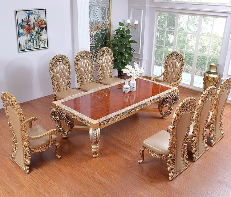 

Customied Classic Solid Wood Dining Tables And Chair Royal Carved Dining Sets Leather 8 Chairs Dining Room Furniture