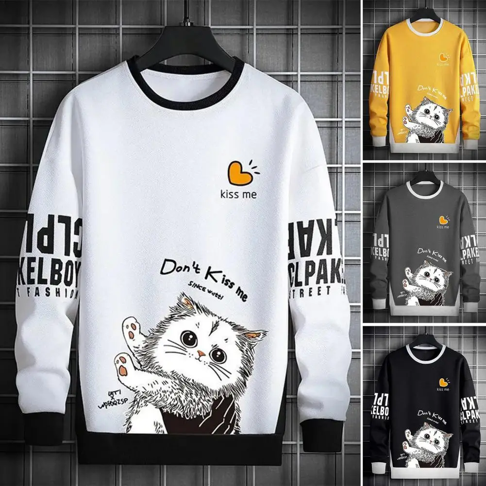 

Men Sweatshirt Long Sleeve Fleece Lining Spring Sweatshirt Thick Teenager Sweatshirt Cartoon Heart Cats Pattern Pullover Top