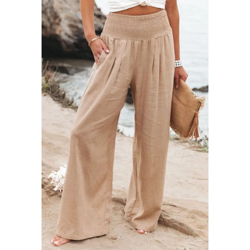Women Linen Pants Spring and Summer Elastic Waist Casual Sweatpants Female Elegant Wide Leg Straight Solid Color Loose Trousers